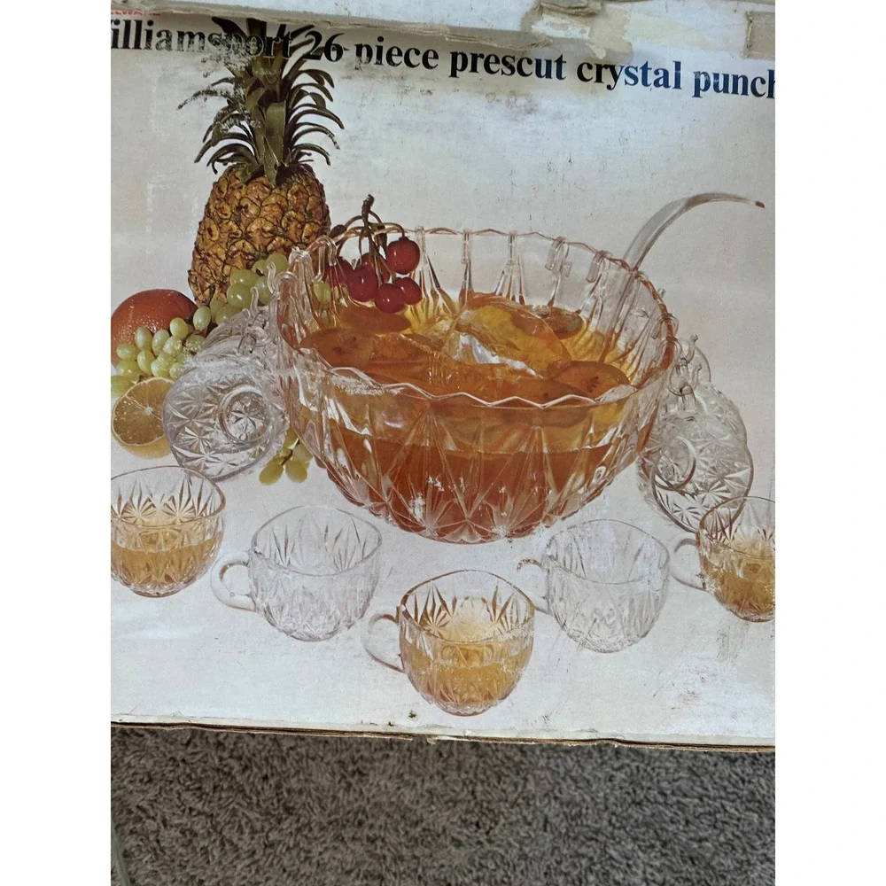 Williamsport  Vintage 12 Pc Prescut Crystal Punch Bowl Set w 10 Cups + Ladle